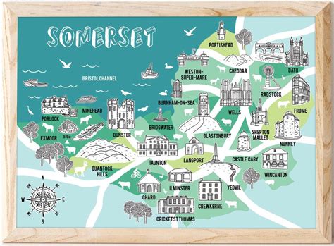 Crewkerne, Yeovil, Bridgwater, Hand Drawn Map, County Map, Bath Gift ...