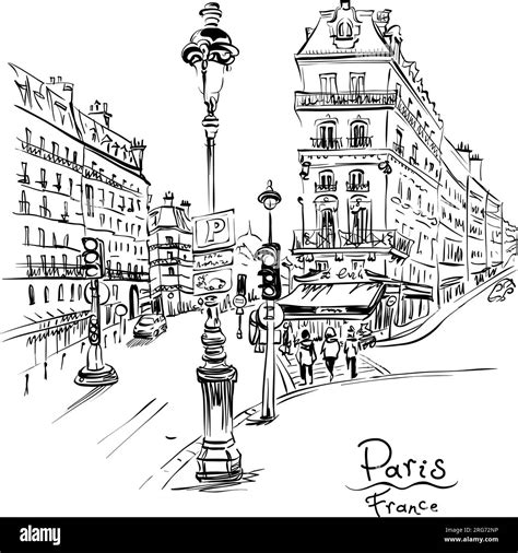 Vector hand drawing. Paris street with traditional houses and lanterns, Paris, France Stock ...