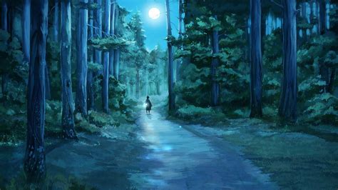 forest, 1080P, x, fantasy, roads, moon, Trees, lamps, hd, path, nature, drawings, fireflies ...