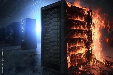 Disaster in server room or data center storage room on fire burning. Neural network AI generated ...