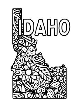 IDAHO Coloring Pages (State Name / Shape & Floral Mandala) by Fresh Hobby