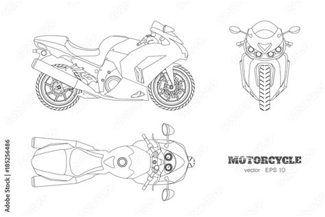 Outline drawing of motorcycle. Side, top and front view. Detailed ...