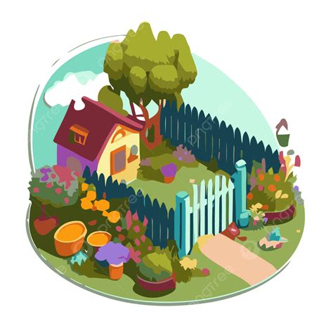 Backyard Clipart Garden Concept Isometric Illustration Of A Cute Little House Cartoon Vector ...
