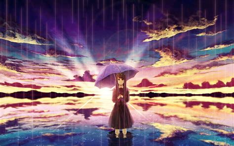 Anime girl in rain, umbrella, water, clouds, sunset wallpaper | anime ...