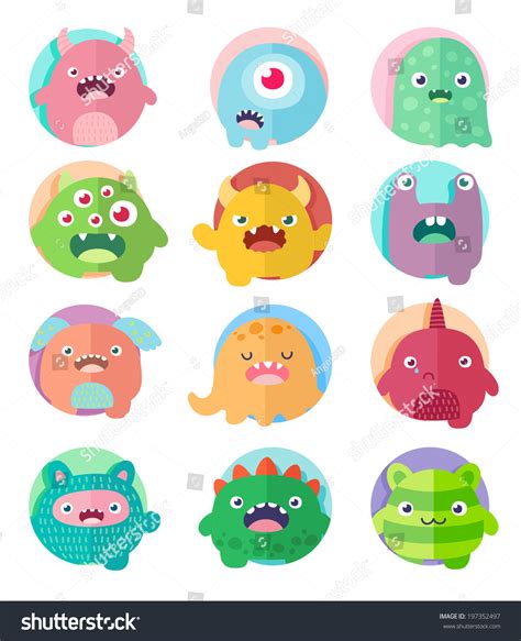 Set Icons Cute Cartoon 12 Monsters Stock Vector (Royalty Free ...