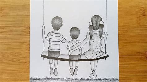 How to draw Children's Day with pencil sketch// Two Brother's and sister sitting together on a ...