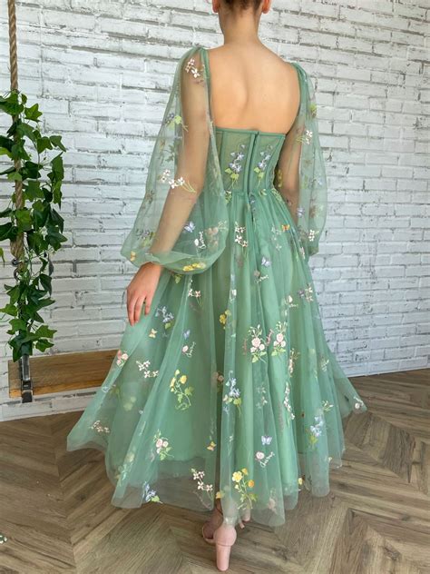 Green tulle lace tea length prom dress, green evening dress – dresstby