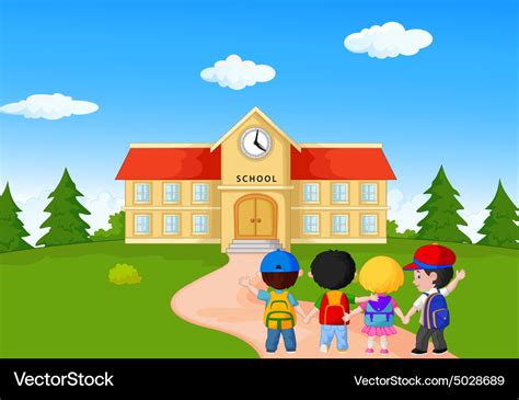 Happy young children walking together to school Vector Image