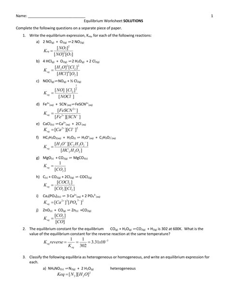 Equilibrium Expressions Worksheet - worksheet