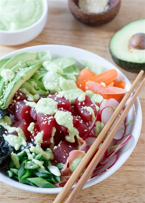 Tuna Sushi Bowl - Raw Tuna Sushi Bowl with Avocado Wasabi Dressing