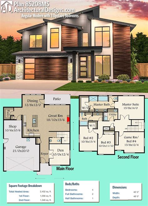 Plan 85208MS: Angular Modern House Plan with 3 Upstairs Bedrooms ...
