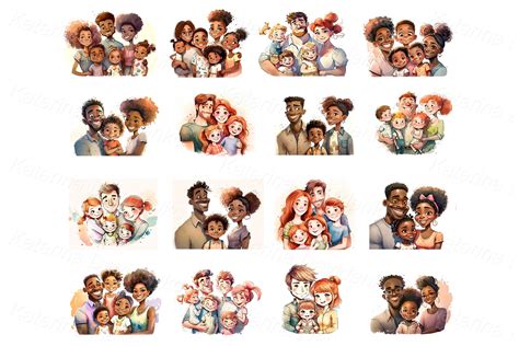 Collection of watercolor cartoon happy family portraits