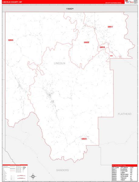 Lincoln County, MT Zip Code Wall Map Red Line Style by MarketMAPS - MapSales