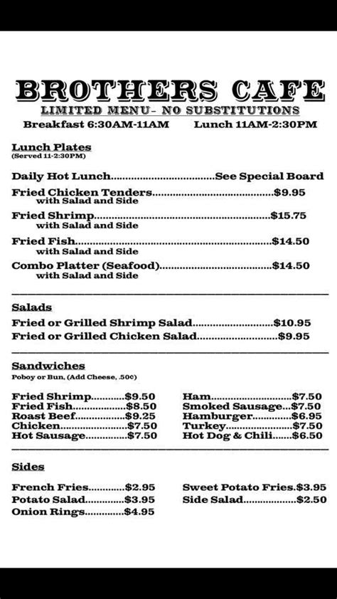 Menu at Brothers “Ole New Orleans” Cafe, Harvey