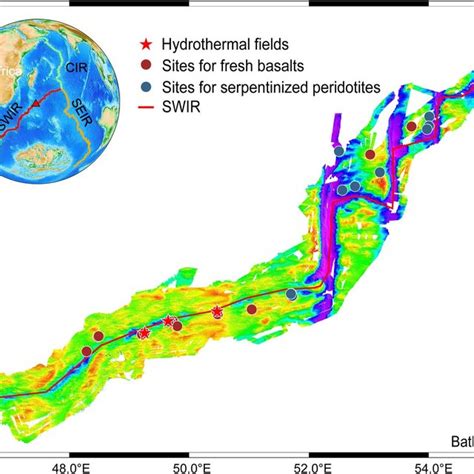 Bathymetry map with known hydrothermal vents and sampling sites. The ...