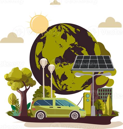 Electric Car Charging At Station With Solar Panel Stand, Street Lamps, Sun, Earth Globe On ...