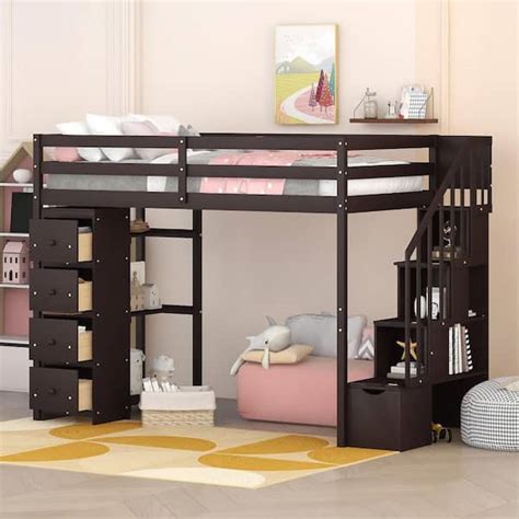 Harper & Bright Designs Espresso Twin Size Wooden Loft Bed with Shelves ...