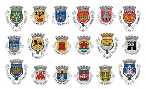 Portugal coat of arms. Portuguese districts heraldic emblems, vector heraldry. Portugal coat of ...