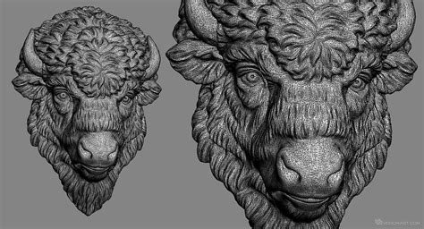 Bison head digital sculpture. 3D model for 3d printing, CNC carving, Jewelry design Buffalo ...