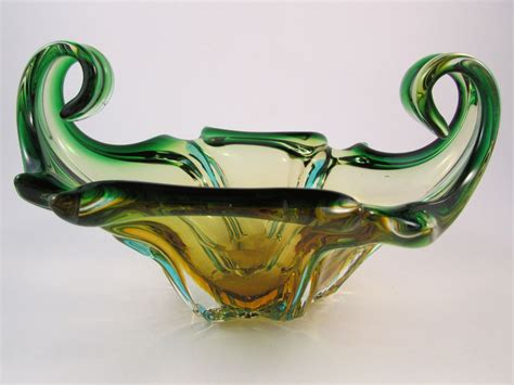 Vintage Murano Art Glass Bowl Green and Amber Gold Glass with Decorative Scrolled Sides | Glass ...