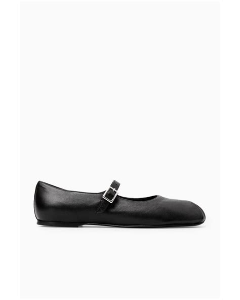 COS Pleated Leather Mary-jane Ballet Flats in Black | Lyst