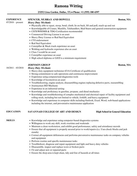 Heavy Duty Mechanic Resume Samples | Velvet Jobs