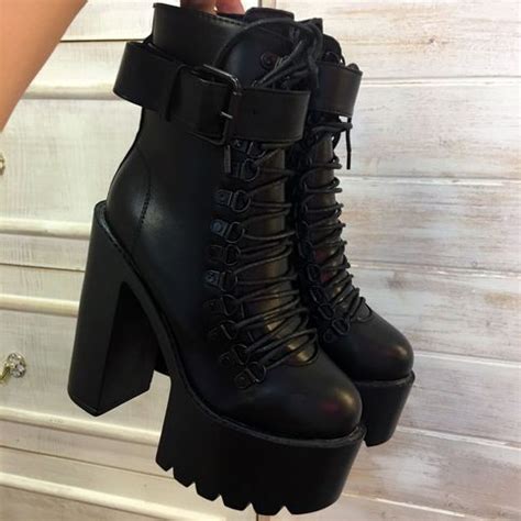 Black Square Heels Platform Boots Ankle Boots Female Lace Up Women Shoes Fashion | Zapatos de ...