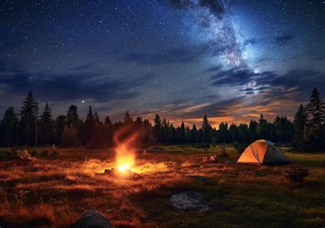 Premium AI Image | Starry night sky with a campfire and a tent in a ...