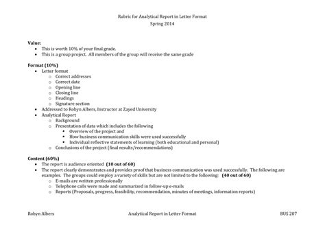 Rubric for Analytical Report in Letter Format