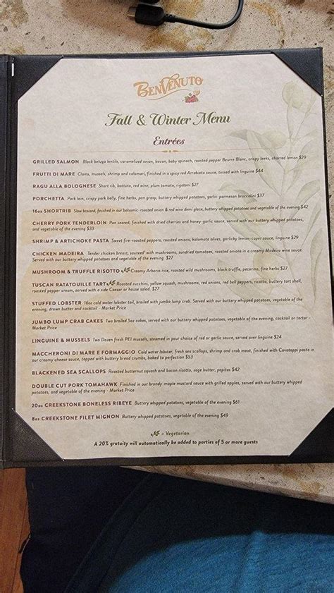 Menu at Benvenuto restaurant, Milford