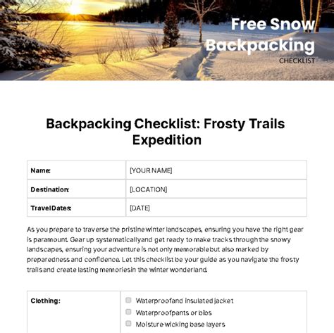 Free Snow Backpacking Checklist Template - Edit Online & Download ...