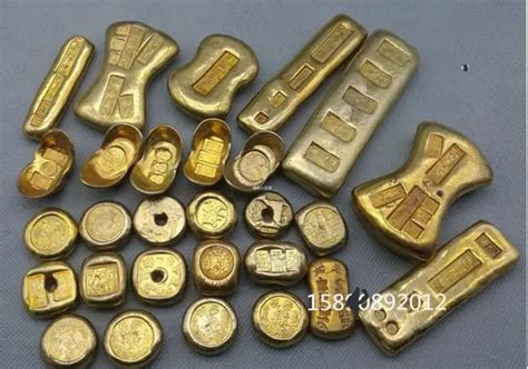 Antique collection, Chinese folk sculpture, gold ingot,pure copper, solid gold, gold treasure ...