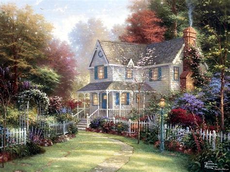 Victorian Garden, fence, house, victorian, kincade, painting, flowers, garden, HD wallpaper | Peakpx