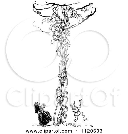 Clipart Of A Retro Vintage Black And White Jack Chopping Down The Beanstalk As The Giant ...