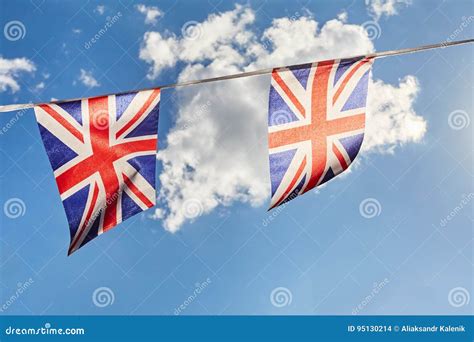 British Union Jack Bunting Flags Against Sky Stock Photo - Image of ...