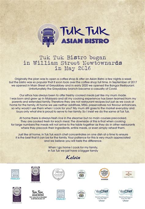 Menu at Tuk Tuk Asian Bistro restaurant, Newtownards