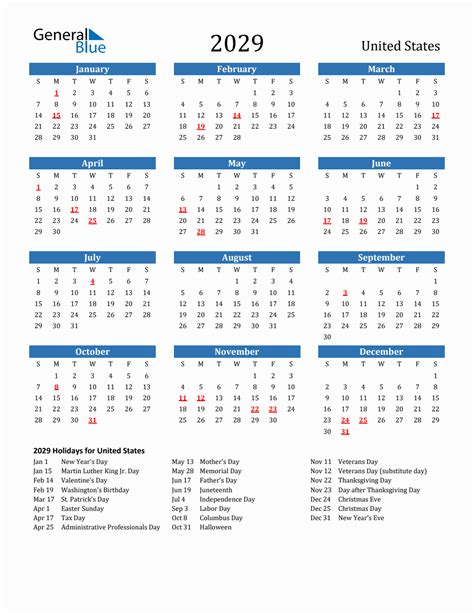 2029 United States Calendar with Holidays