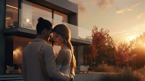 Young married couple embraces in front of the house in summer sunset 27027620 Stock Photo at ...