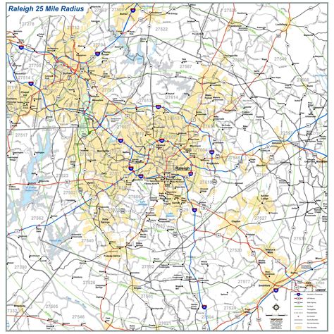 Raleigh 25-Mile Radius Wall Map by MapShop - The Map Shop