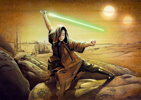 Luke Skywalker training outside Ben Kenobi's hut. Artwork by Brian Rood. : ImaginaryJedi