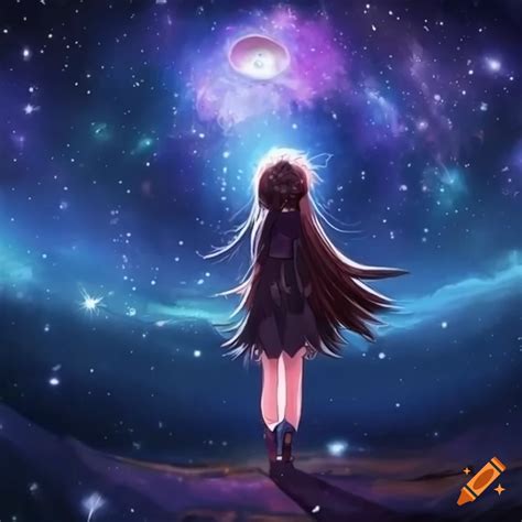 Anime girl drifting into space with stars