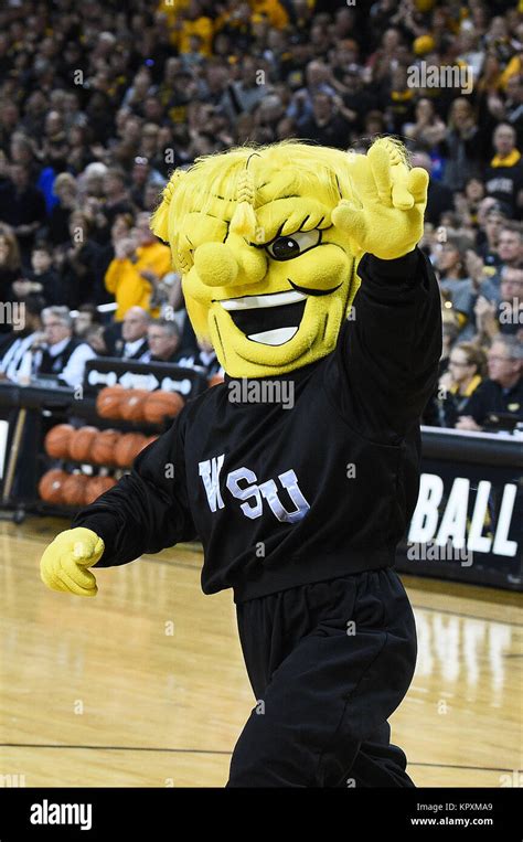 Wichita, Kansas, USA. 16th Dec, 2017. Wichita State Shockers mascot WuShock waves to the crowd ...