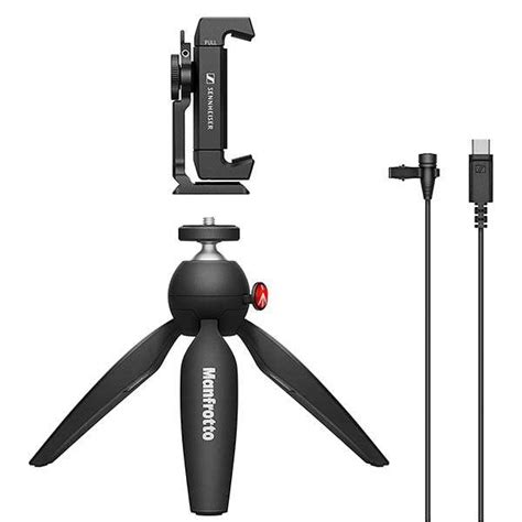 Sennheiser Clip-on Lavalier Microphone with Manfrotto PIXI Mini Tripod and Smartphone Clamp ...