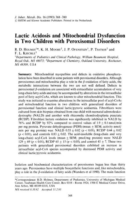 Lactic Acidosis and Mitochondrial Dysfunction in Two Children with ...