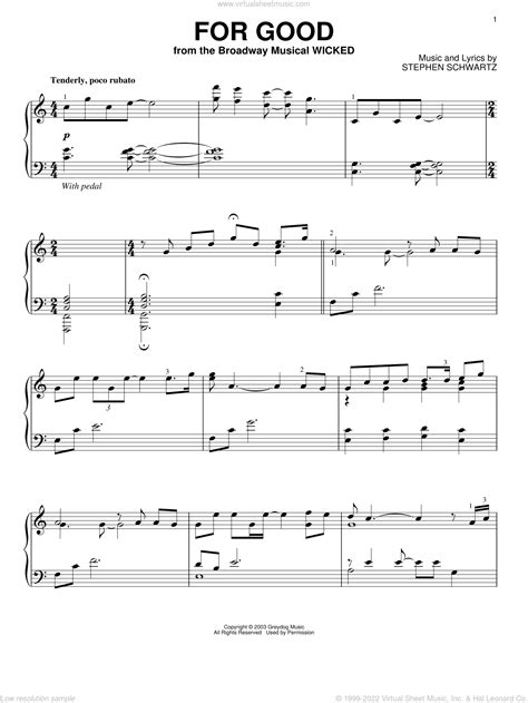 Schwartz - For Good (from Wicked), (intermediate) sheet music for piano solo