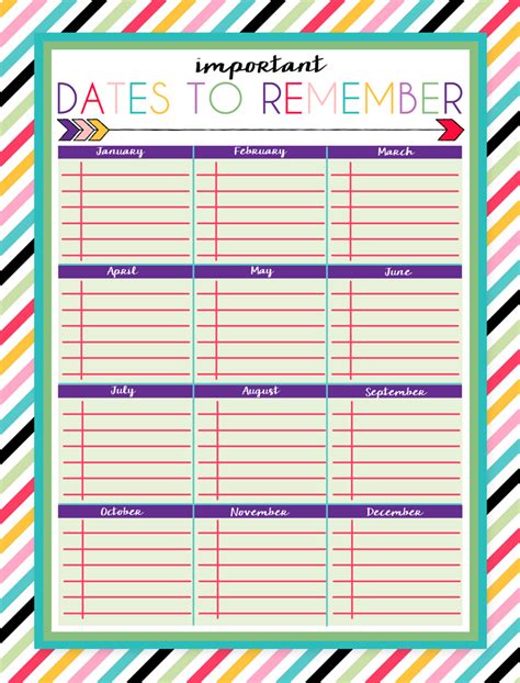 Free Printable Dates to Remember Log | Organizational printables, Free ...