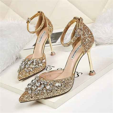 Spring Red Gold Rhinestone Wedding Shoes High heeled Bridal Shoes ...