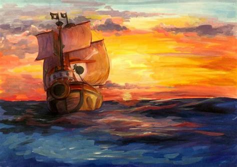 a painting of a boat in the ocean at sunset