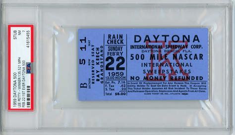 1959 Daytona 500 Ticket Nascar 1st Daytona Race February 22 NM PSA 7 ...