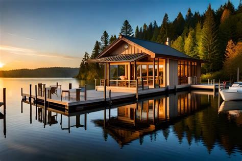 Premium AI Image | A house by the lake with a dock and dock in the background.